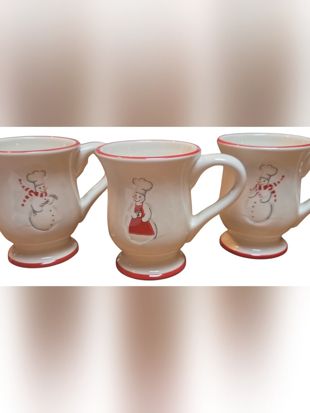 3 Williams-Sonoma Snowman Chef 10 Zoz  Pedestal Mugs:Set Of 3 4.25"h x 3.5"w (w
